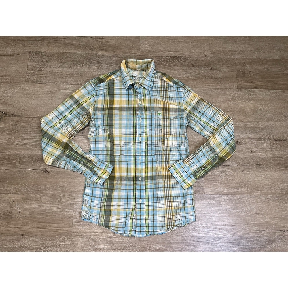 American Eagle Outfitters Mens XS Button Up Shirt Blue Cotton Plaid Madras